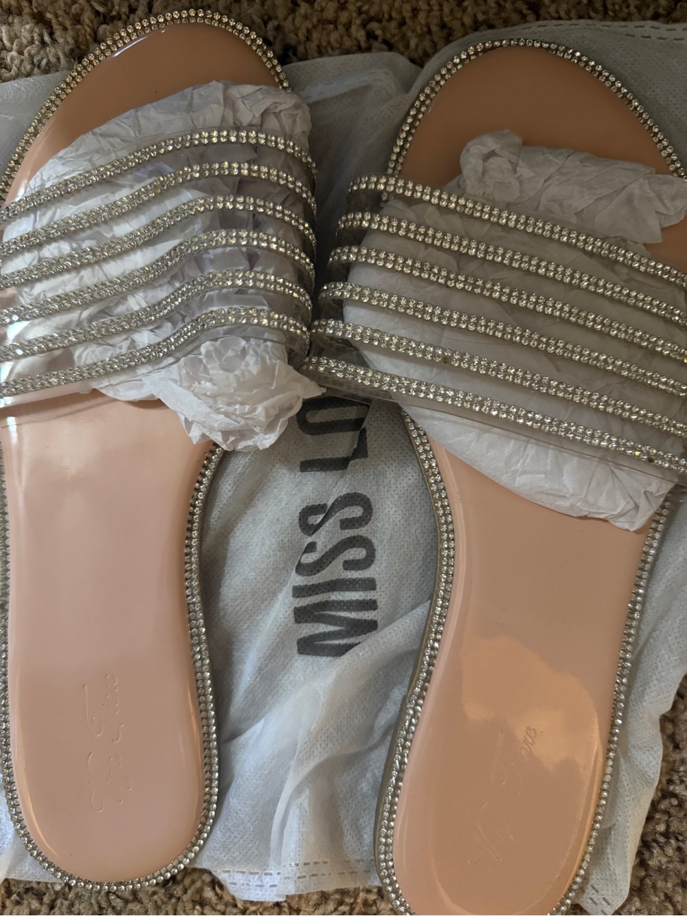 Miss Lola Nude Slide Sandals with Crystal Straps